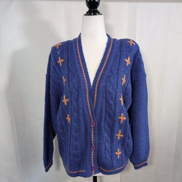 Vintage Sweaters - Vintage Chunky Cable Knit Cardigan Blue Orange Wool Blend 80s size M to L Retro